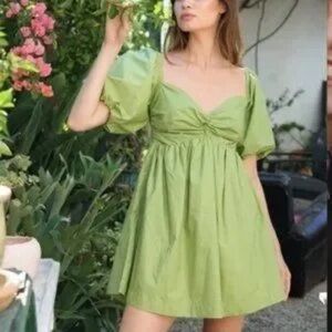 En Saison Poplin Chartreuse Puff Sleeve Babydoll Dress XS Coquette Cottagecore